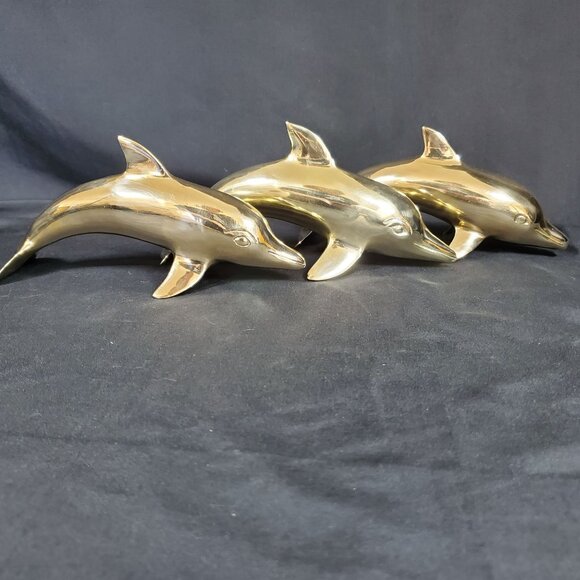 VTG Solid Brass Dolphin Figurine Coastal Nautical Decor Polished Brass Ocean Ani - Picture 2 of 16